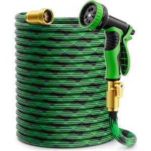 Garden Hose 100 ft, 2025 No Kink Expandable Water Hose 100ft with 10 Function Nozzle, Solid Metal Fittings, Durable Outer Fabric, Lightweight, Flexible, Leak-proof, Stretchy for Watering, Car Washing
