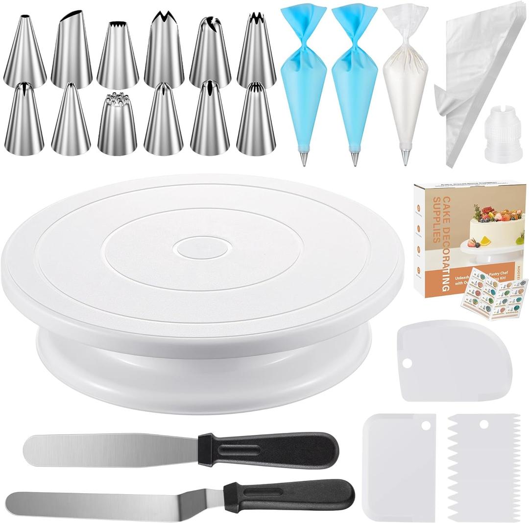 Kootek 71PCs Cake Decorating Kit, Baking Supplies Tools - Includes Cake Stand Turntable, 12 Icing Piping Tips Set, 2 Frosting Spatulas, 3 Scrapers, 50+2 Piping Bags, Coupler, Video Tutorial, Booklet (White)