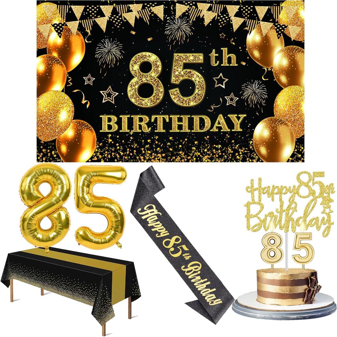 85th Birthday Decorations Men Women with 85th Birthday Banner, Black and Gold Table Cloth, Number Balloons, Sash, Cake Topper and Candles