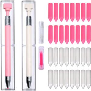 ZYNERY 34 Pcs Diamond Painting Pens Kit, 2 Pcs Refillable Wax Pen with 32 Pcs Wax, Rotating Glue Point Drill Pen for Nail Art, Diamond Art Accessories and Tools, Quickly Pick Up Beads Gem (Pink & White)
