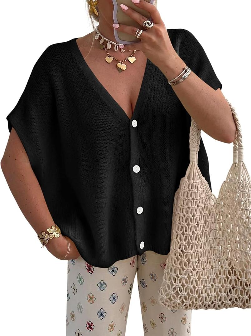 PRETTYGARDEN Womens 2026 Summer Oversized Cardigans Batwing Short Sleeve Lightweight Button V Neck Casual Knit Sweater Tops (Black, Large)