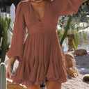 Lantern Long Sleeve Flowy Summer Backless Mini Sundress for Women 2023 Casual V Neck Cut Out Empire Waist Skater Dresses (Brown, S)