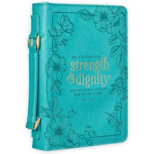 Christian Art Gifts Women's Fashion Bible Cover Strength and Dignity Proverbs 31:25, Teal Faux Leather, XL (Extra Large)