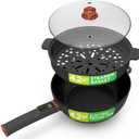 Nutrichef 4L Electric Frying Pan & 4L Steamer | Multifunctional Portable 1000W Non-Stick Pot for Cooking | Durable Heat Safe Handle | Touch Control Panel | Includes a Spatula | Black