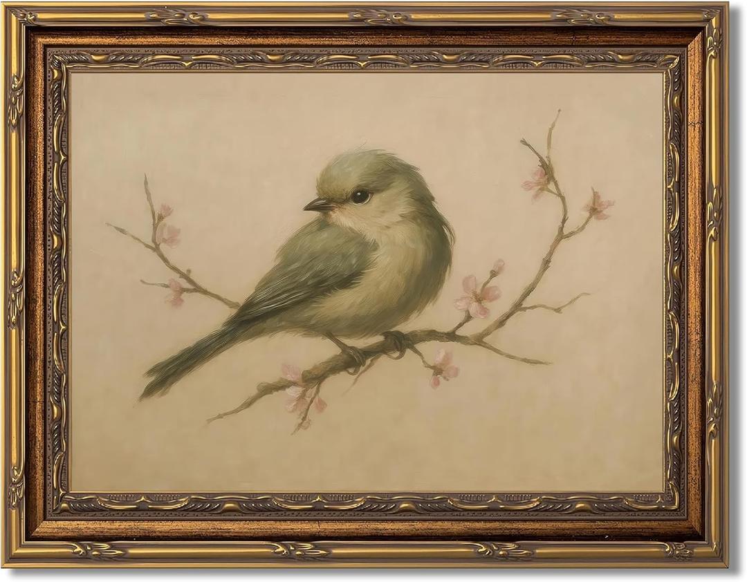 Myzoran Gold Framed Bird Canvas Wall Art,Vintage Birds Wall Decor Aesthetic,Cherry Blossom Beige Printing Artwork,Spring Rustic Minimalist Pictures, for Living Room Nursery Bedroom Decor 9X11in
