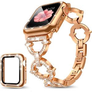 Compatible with Apple Watch Band 38mm 40mm 41mm 42mm 44mm 45mm 46mm, Women Bling Jewelry Bands with Tempered Glass Screen Protector Case, Shiny Strap for iWatch Series 11/10/9/8/7/6/5/4/3/2/1/SE