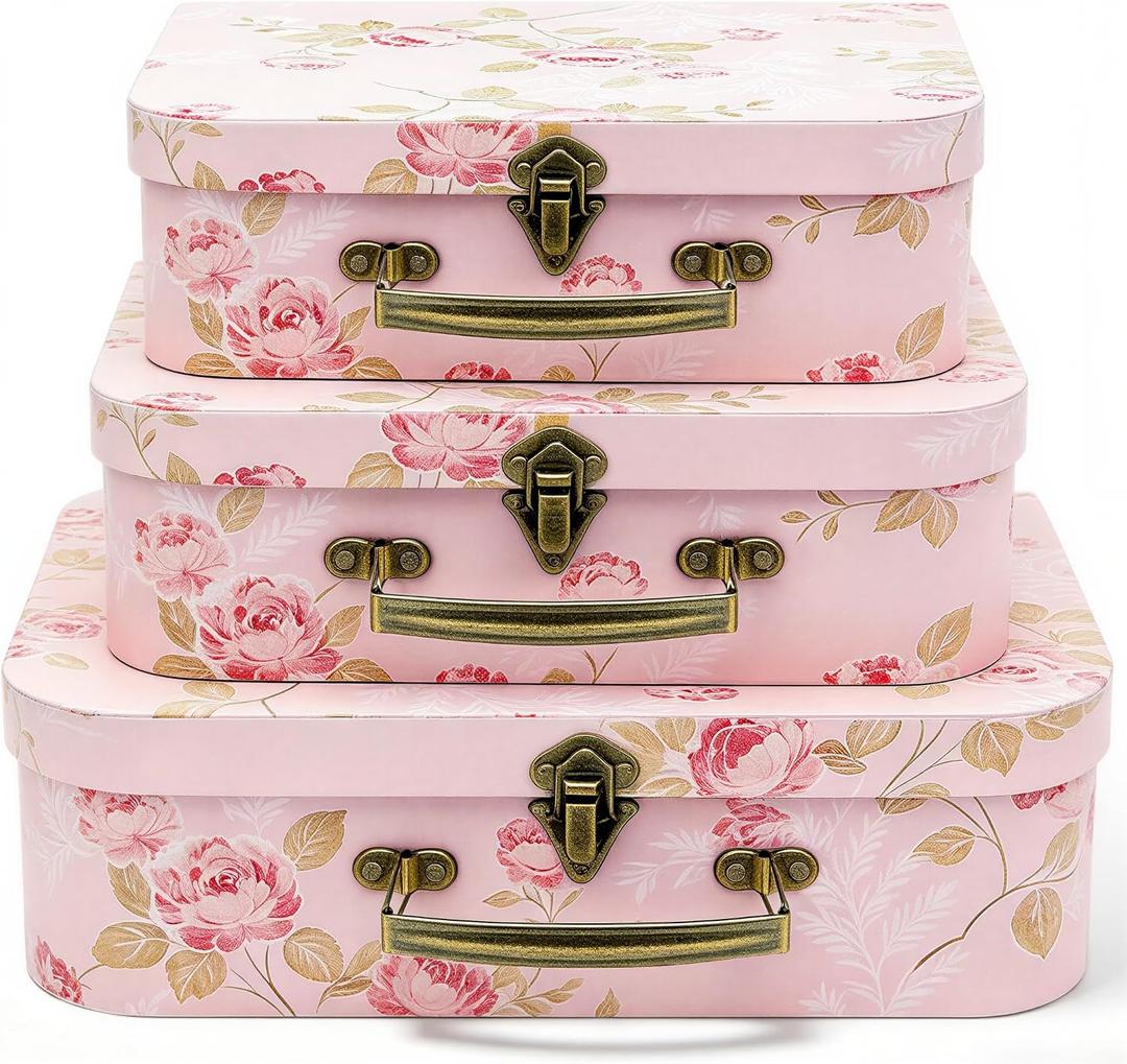 Cheardia 3 Pack Paperboard Suitcases Storage Box, Decorative Storage Boxes Gift Boxe With Lid, Stackable Cardboard Trunk for Photo Keepsake Home Decoration Wedding Anniversary Birthday Pink 3 Size