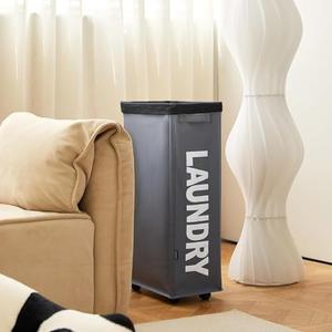 per with HandleSlim Laundry Basket on Wheels, Foldable Narrow Corner Clothes Storage BinsTall Laundry Bin for Laundry Room, Dorm and Bedroom(Dark Grey)