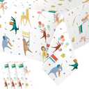 Maxdot 3 Pieces Animal Parade Party Tablecloths 108  54 Inch Safari Theme Table Cover, Plastic Disposable Table Cloth Zoo Party Supplies for Jungle Baby Shower, Animal Themed Birthday Decorations