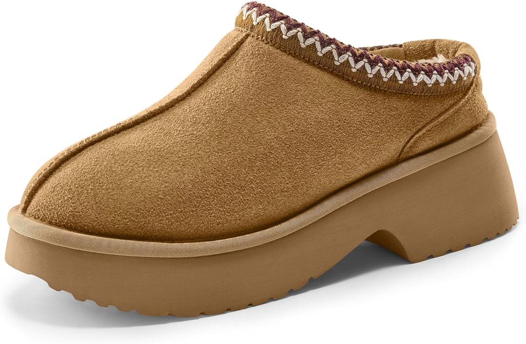 Vilanva Platform Clogs for Women Cozy Suede Fall Slippers with Warm Fur Lined Slip on Shoes Outdoor Indoor House (7.5, Chestnut)