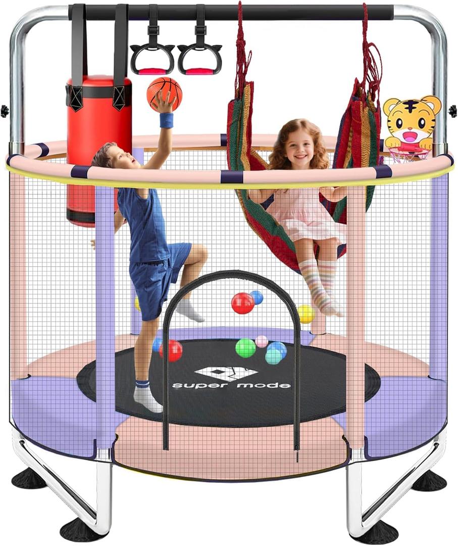 55" Indoor & Outdoor Trampoline for Kids with Enclosure, Toddler Trampoline with Adjustable Gymnastics Bar & Toys, No-Gap Safety Design (pink purple)