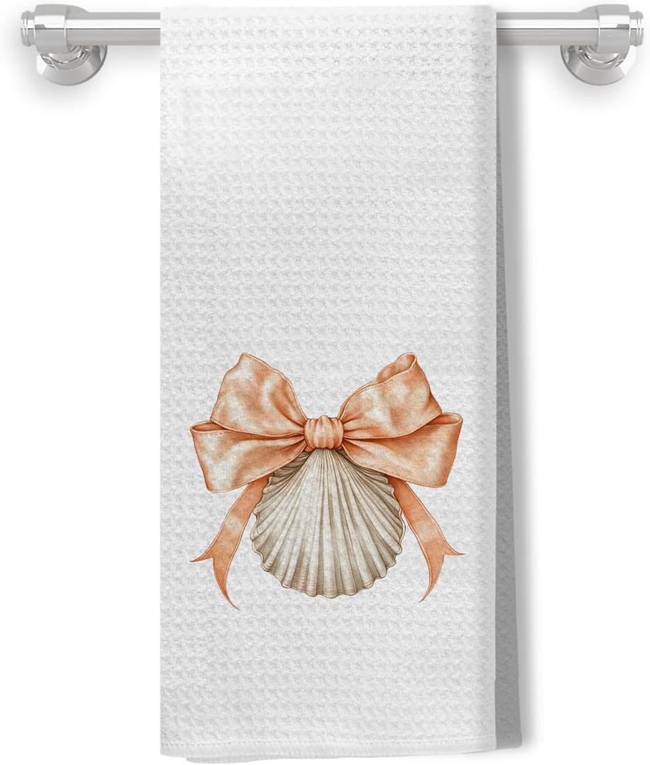 2 x Coquette Bow Beach Seashell Kitchen Towels, Coastal Nautical Beachy Dish Tea Towels for Kitchen Decor, Girly Preppy Bow Conch Decorative Hand Towels for Bathroom, 16x24 Inch