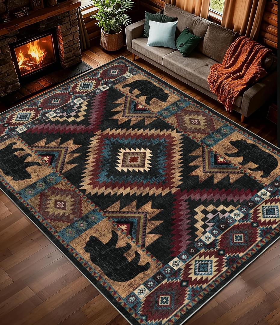 9x12 Western Cabin Area Rugs for Living Room
Washable Soft Low Pile Print Lodge Bear Rug, Non Slip Southwestern Rustic Rug for Bedroom