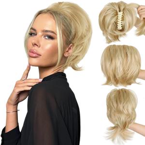 Short Straight Claw Clip Ponytail Extension with 4 DIY Bendable Metals, Synthetic Messy Bun Hair Piece for Women with Thinning Hair, Heat Resistant Fake Hairpiece, Dirty Blonde (8 Inch)