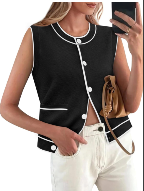 Yousify Women's Knit Tank Tops 2025 Summer Sleeveless Sweater Vest Round Neck Button Down Casual Cardigan with Pockets L