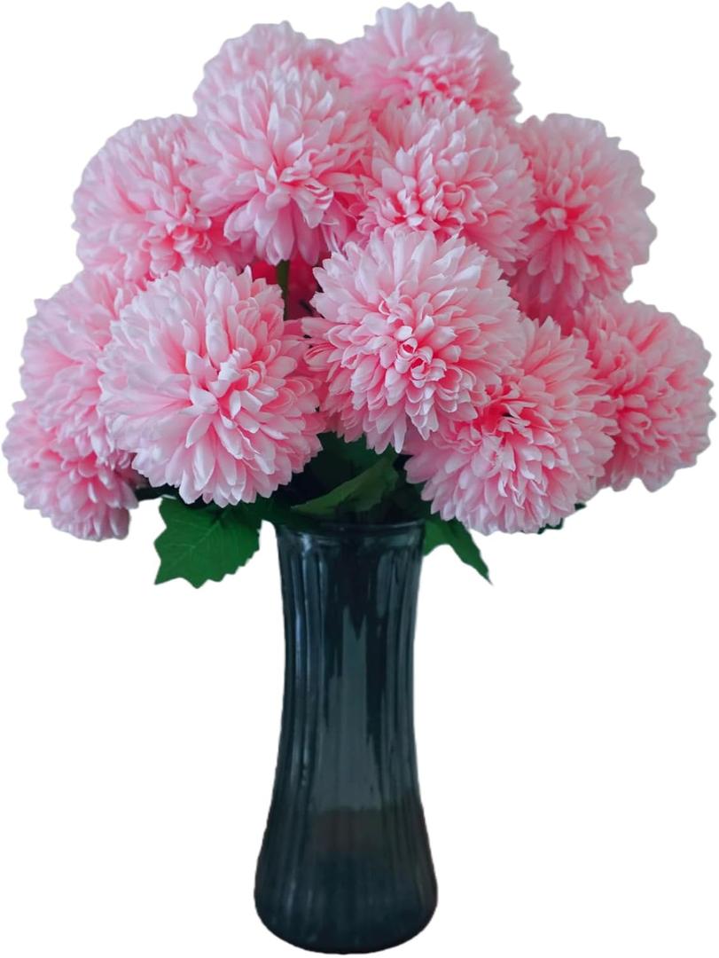 Artificial Kiku Flowers, Artificial Chrysanthemum Ball, 18 Heads Pink Silk Mums Stems, 15.5 Inch, Indoor Floral Arrangement for Home Decor, Living Room, Vase Centerpiece (Pink)