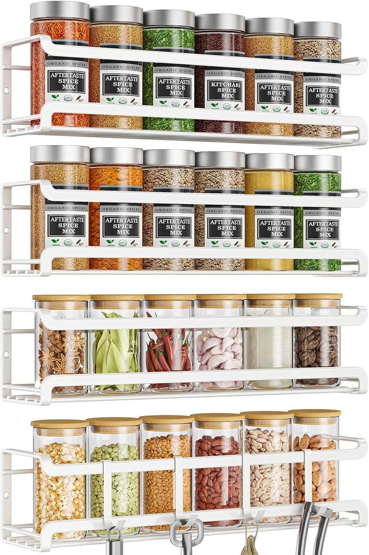 Spice Rack wall-mounted 4 Pack, Space-Saving Spice Organizer for Spice Jars and Seasonings, Screw or Adhesive Hanging Spice Rack Organizer for Your Kitchen Cabinet, or Pantry Door, White