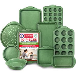 BAKKEN Kitchen Baking Pan Set - Nonstick Green Marble Coating, Carbon Steel Bakeware Sets with Green Silicone Handles, Kitchen Essentials, PFOA, PFOS, PTFE Free, Oven Safe (Up To 450 F), Set of 10
