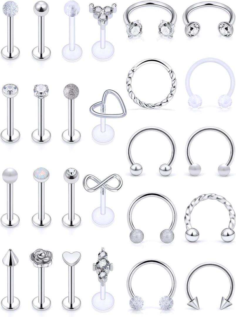 Vsnnsns 16G Lip Rings Stainless Steel Horseshoe Snake Bite Monroe Labret Medusa Lip Piercing Jewelry Tragus Daith Forward Helix Conch Cartilage Earrings Studs Piercing Jewelry for Women Men 16 Gauge (Silver)