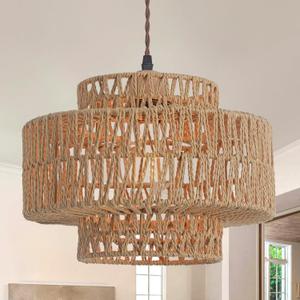 Boho Rattan Lamp Shades for Pendant Light Chandelier Floor Lamps Replacement,Rustic 3-Tier Drum Lamp Shade with Hand-Woven Rattan for Living Room Kitchen Dining Room Office Hotel.