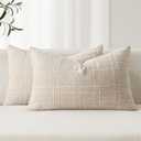 MIULEE Decorative Linen Check Lumar Throw Pillow Covers Neutral Farmhouse Vintage Pillow Covers 12x20 Set of 2 Boho Modern Home Decor for Sofa Couch Bedroom Cushion Natural Beige