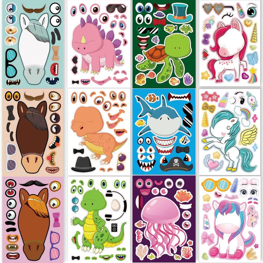 24 Sheets 8.27''5.9'' Make Your Own Stickers for Kids Toddlers, Make a Face Stickers Mix and Match with Unicorns Dinosaur Horse and Sea Animals for Kids Party Favors Activities
