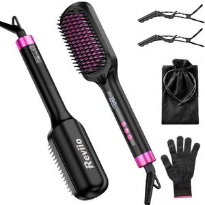 30s Fast Heating Hair Straightener Brush - Ionic Anti-Frizz, Anti-Scald, Auto Temp Lock & Auto-Off, Worldwide Voltage, Black