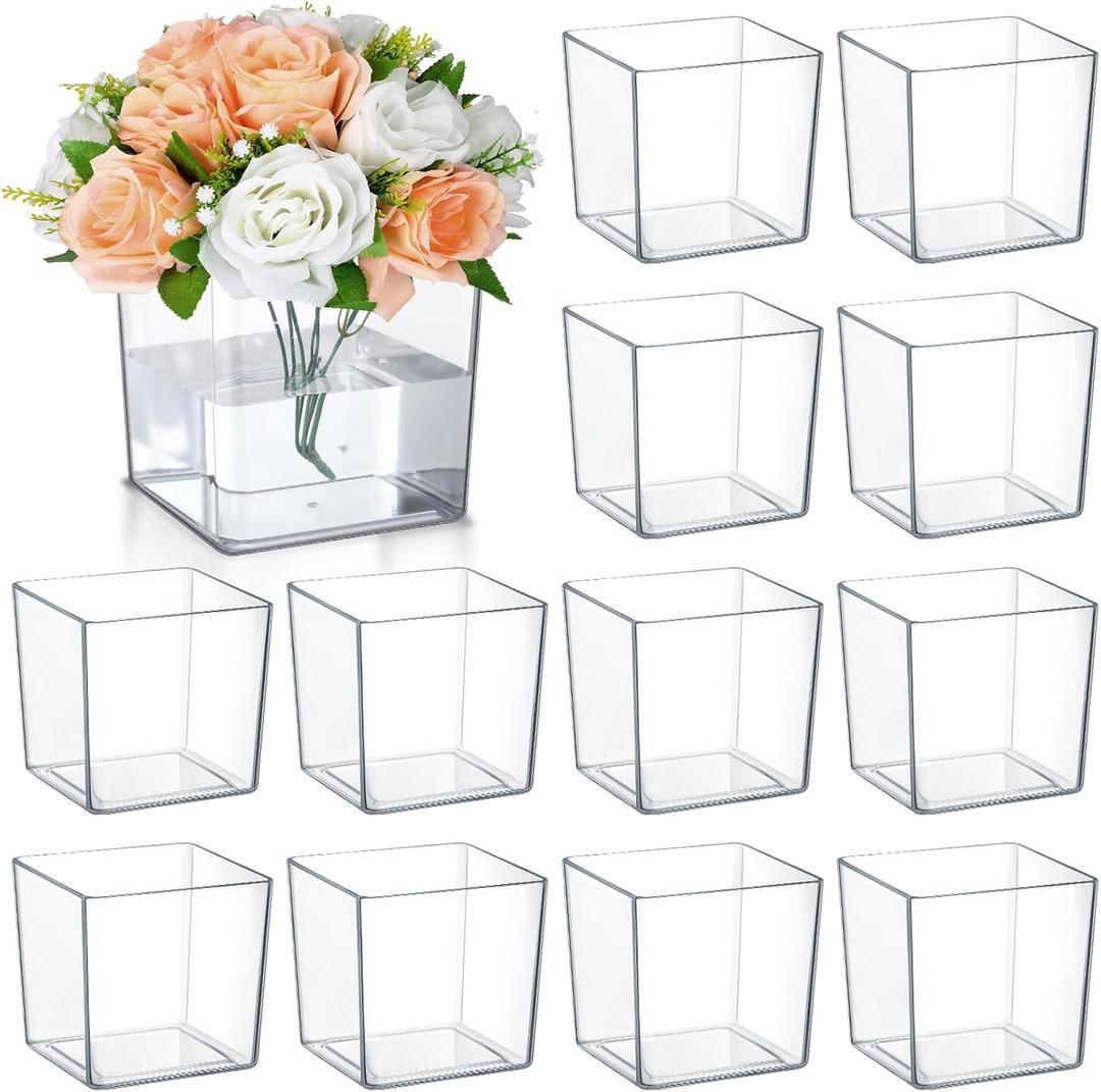 Tioncy 12 Pcs 6'' x 6'' Clear Square Vase Acrylic Cube Flower Plastic Vases Bulk for Centerpieces Succulent Pots Planters for Plant Wedding Home Office Floral Decor