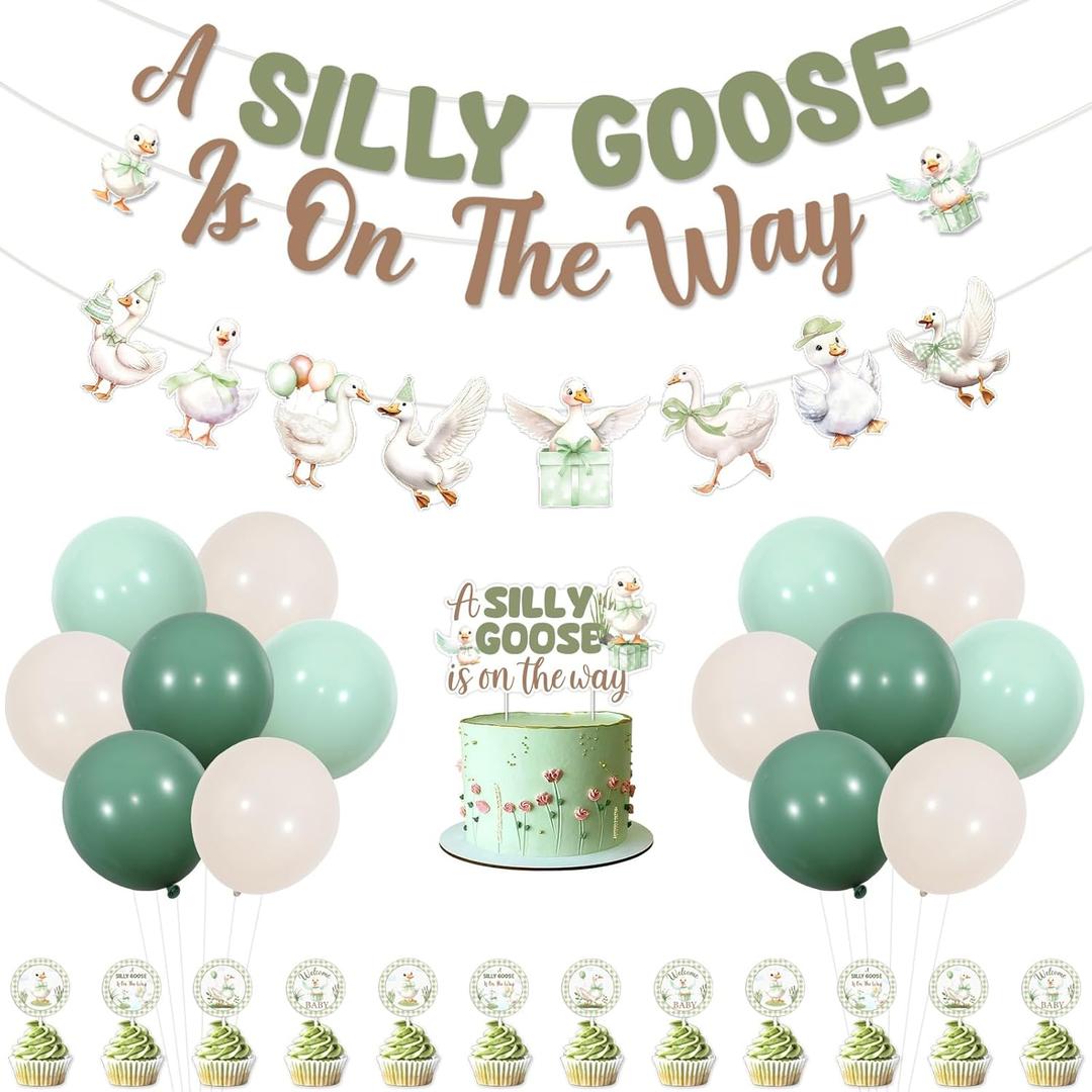 Jollyboom Silly Goose Baby Shower Decorations, Sage Green A Silly Goose Is On the Way Banner Garland Cake Cupcake Toppers Balloons for Farm Animal Welcome Baby Shower Party Decorations