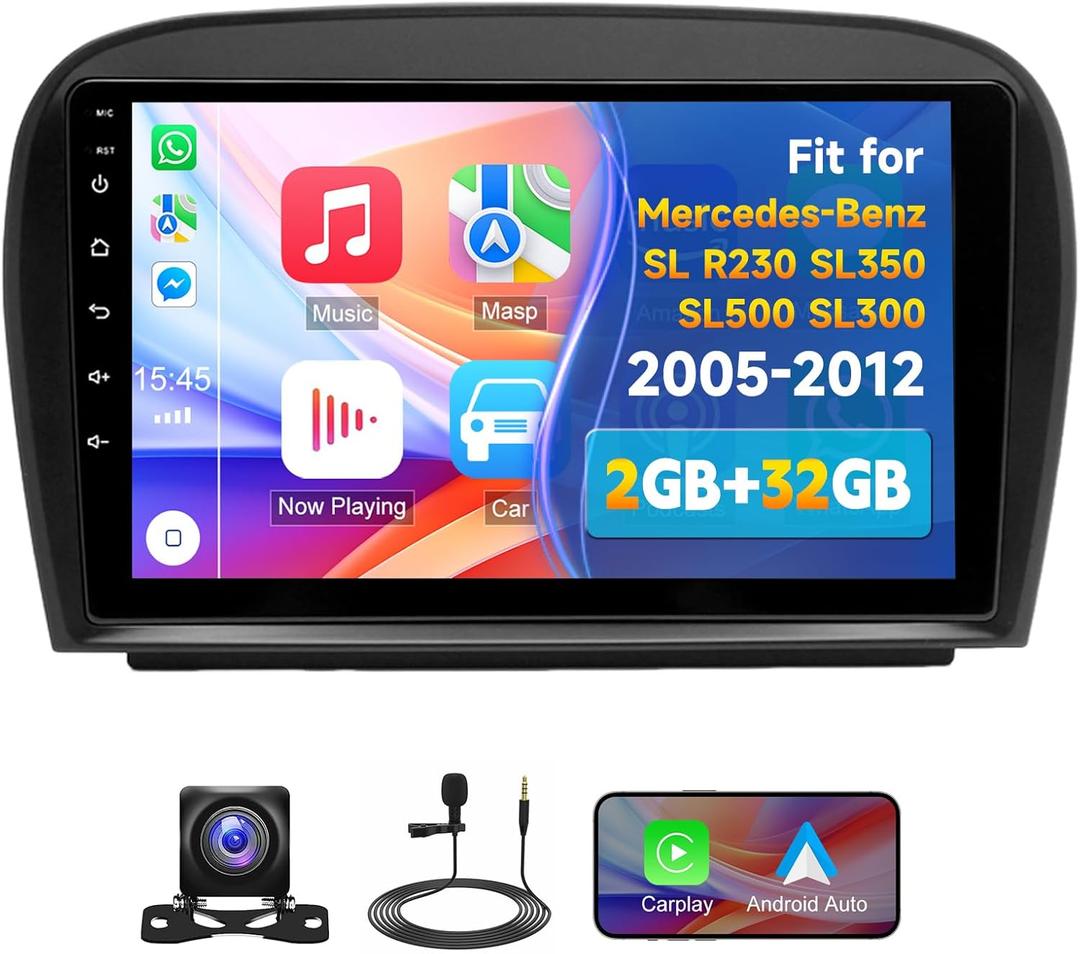 Slakerbe Android 13 Double Din Car Stereo Compatible with Mercedes-Benz SL R230 SL350 SL500 SL300 2005-2012,9inch Touch Screen 4G+64G Wireless CarPlay Radio with Android Auto Support GPS Navigation