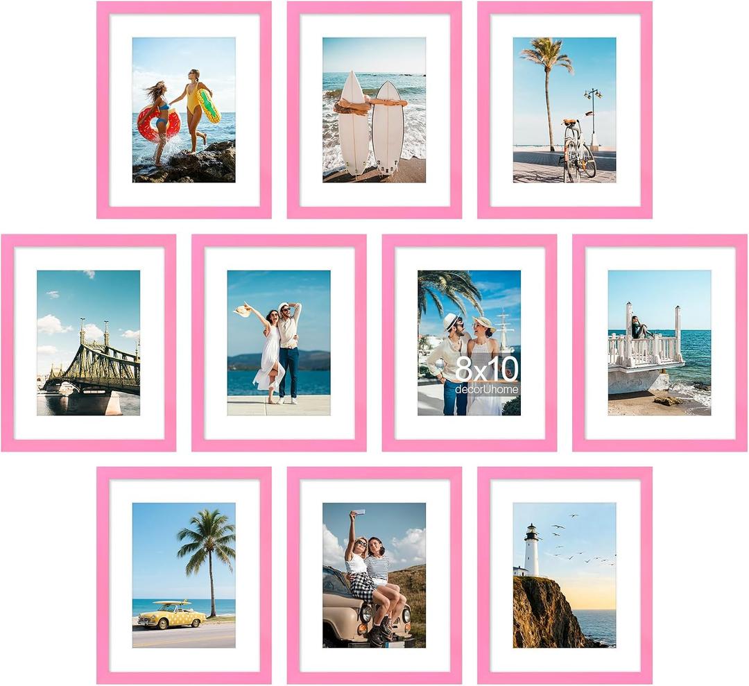 decorUhome 8x10 Picture Frame Set of 10, Display Photos 5x7 with Mat or 8x10 Unmatted for Picture Frames Collage Wall Decor, Pink