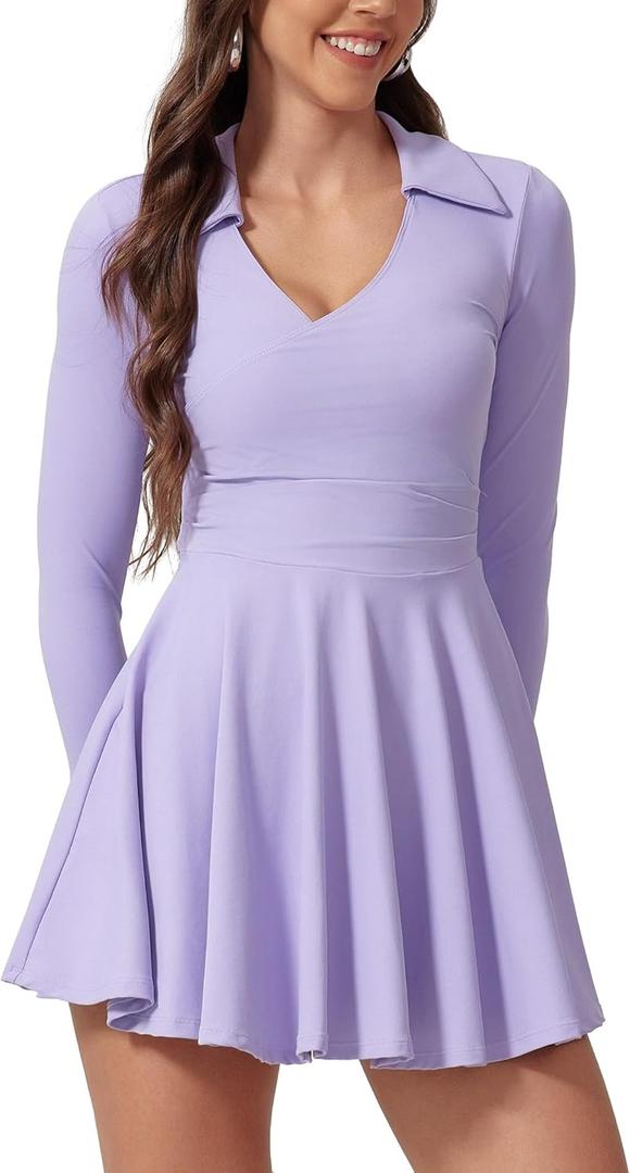 Tennis Dress for Women Long Sleeve Athletic Dress with Built in Shorts Golf Dress Workout Dresses with Pockets (X-Large, Purple)