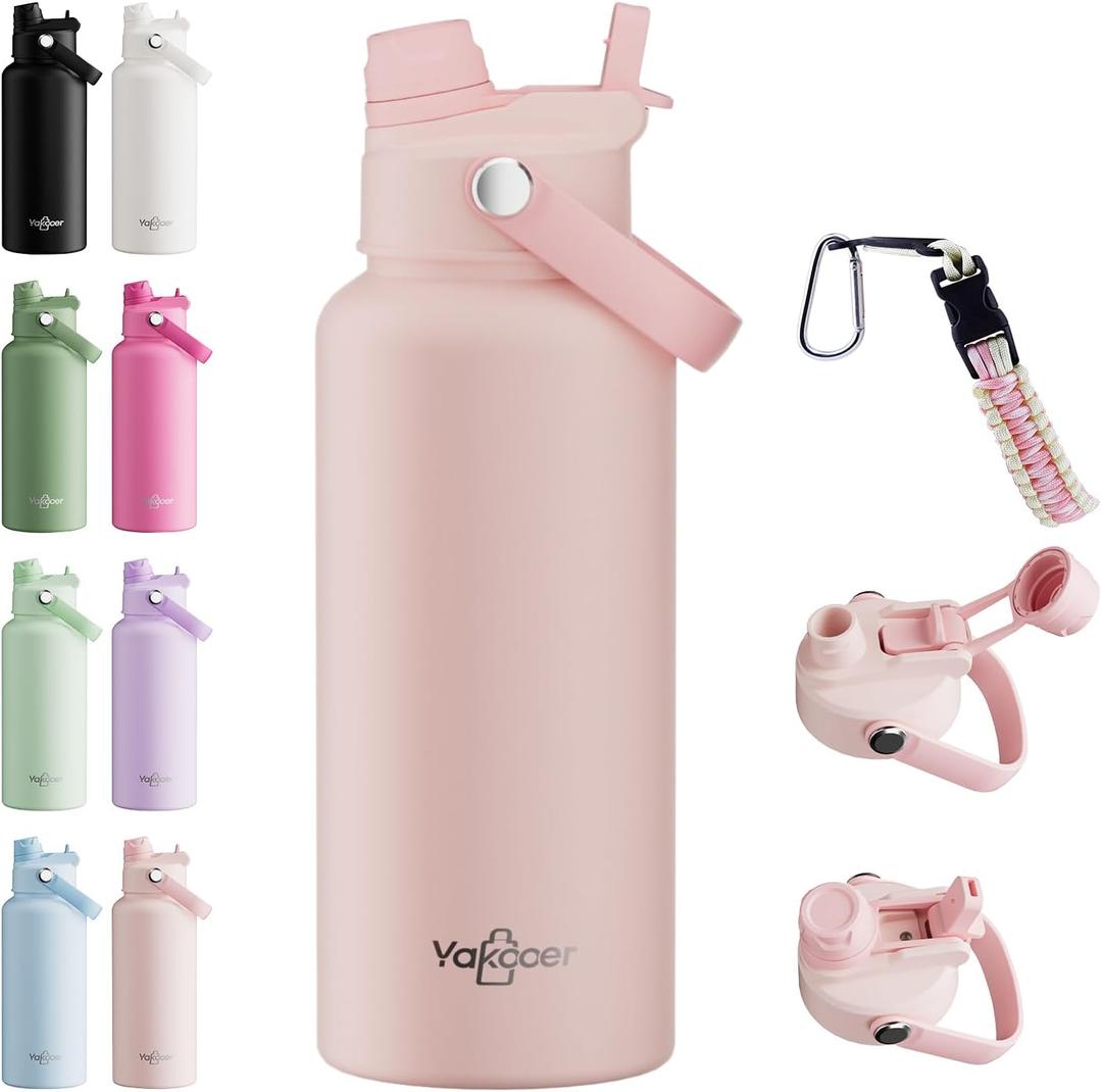 32oz Insulated Water Bottle with 2-in-1 Straw and Spout Lid, 304 Stainless Steel Water Bottle Keep Cold for 24H,Leak-Proof,Sports Water Bottle with Braided Carry Strap for School,Gym,Travel, Pink