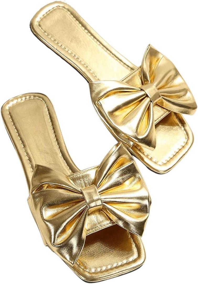 GORGLITTER Women's Bow Sandals Square Open Toe Slip on Dressy Summer Sandals (8, Gold)