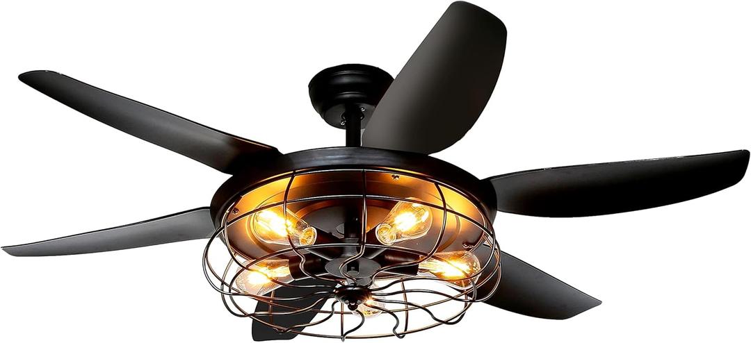 Ohniyou Ceiling Fans with Lights and Remote - 52 Inch Farmhouse Ceiling Fan with Caged Light Fixture - Black Industrial Outdoor Ceiling Fan Lights for Patio, Living Room, Kitchen & Bedroom, Black Caged