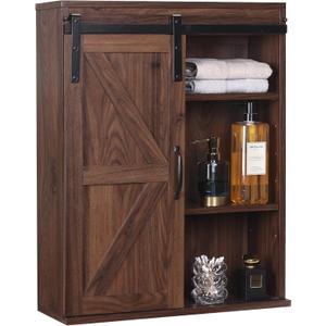 RUSTOWN Farmhouse Wood Wall Storage Bathroom Cabinet with Sliding Barn Door, Rustic Medicine Cabinet with Adjustable Shelf, 3-Tier Vintage Cabinet for Kitchen Dining, Bathroom, Living Room (Walnut)