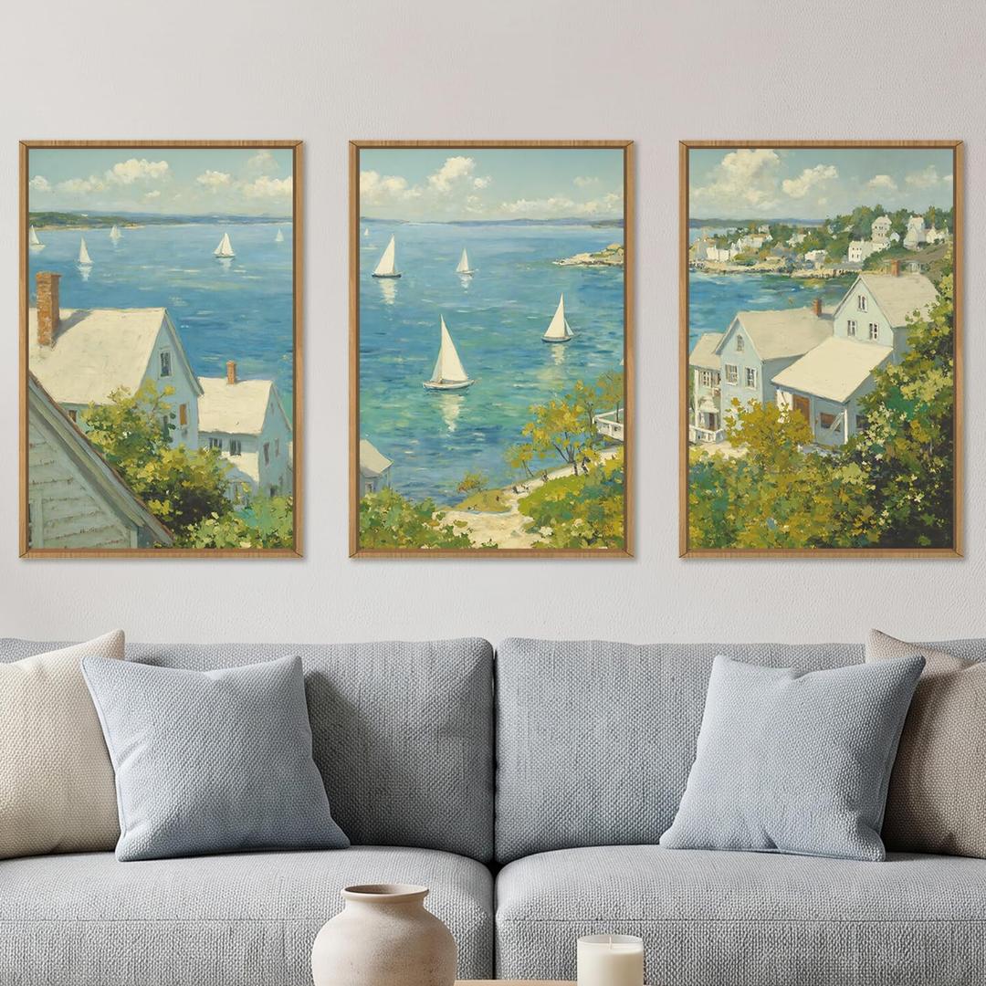 Large Coastal Sailboat Framed Canvas Wall Art Set,Summer Seascape Wall Decor,Nautical Blue Ocean Art Prints,Nature Beach Artwork for Living Room,Bedroom,Dining Room,Office-24 x36 x3