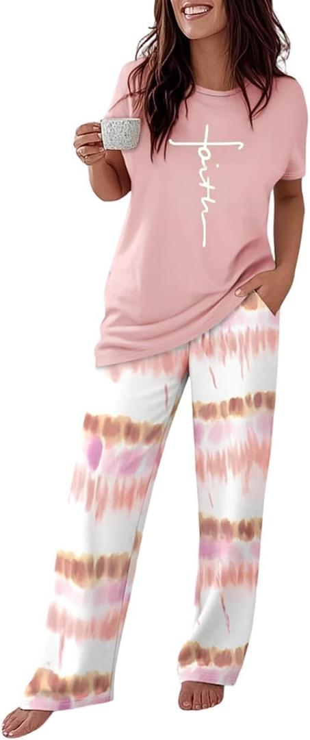 CHICME Womens Pajamas Sets 2 Piece Short Sleeve Lounge Set Printed Loose Pants Pj Sets Loungewear Set Size XXL