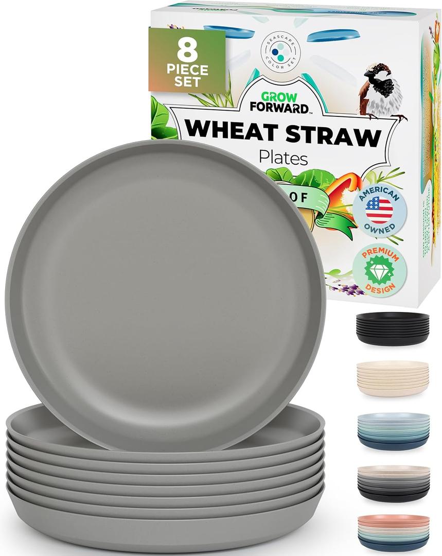 Grow Forward Premium Wheat Straw Plates - 10 Inch Reusable Hard Plastic Dinner Plates Set of 8 - Unbreakable Microwave Safe Plates for Dessert, Camping, RV, Outdoors, Patio, Kitchen Dishes - Feather