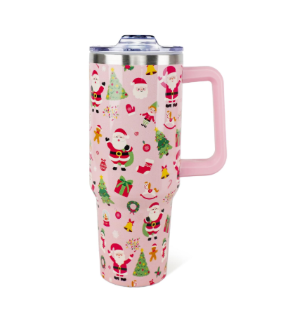 Christmas Tumbler 40oz Santa Tumbler with Lid and Straw Christmas Trees Snowman Cup Blue Xmas Insulated Coffee Mug Gifts for Women Men