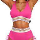 Herseas Women High Waisted Bikini Sets Swimsuits Color Block 2 Piece Drawstring V Neck 2025 Beach Bathing Swim Suit (Pink, S)