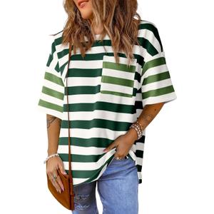 Womens Oversized Color Block Striped Tshirts Summer Casual Short Sleeve Tops Loose Fit Crew Neck Shirts XXL