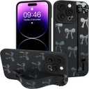 MOWIME for iPhone 14 Pro Max Case with Wrist Strap, Cute Bows Pattern Design Soft TPU Protective Case for Women Girls Slim Anti-Scratch Shockproof Cover with Adjustable Kickstand Holder - Black