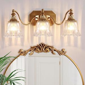 Gold Vintage Bathroom Light Fixtures, 3-Lights Bathroom Vanity Light, Antique Brushed Brass Lighting Fixtures Over Mirror with Crystal Glass Shade, Wall Sconce Lighting