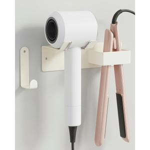 Hair Dryer and Straightener Holder, Upgraded Hair Straightener Holder with Cable Hook, Stainless Steel Universal Hair Dryer Wall Mount Waterproof for Bathroom Space-Saving White