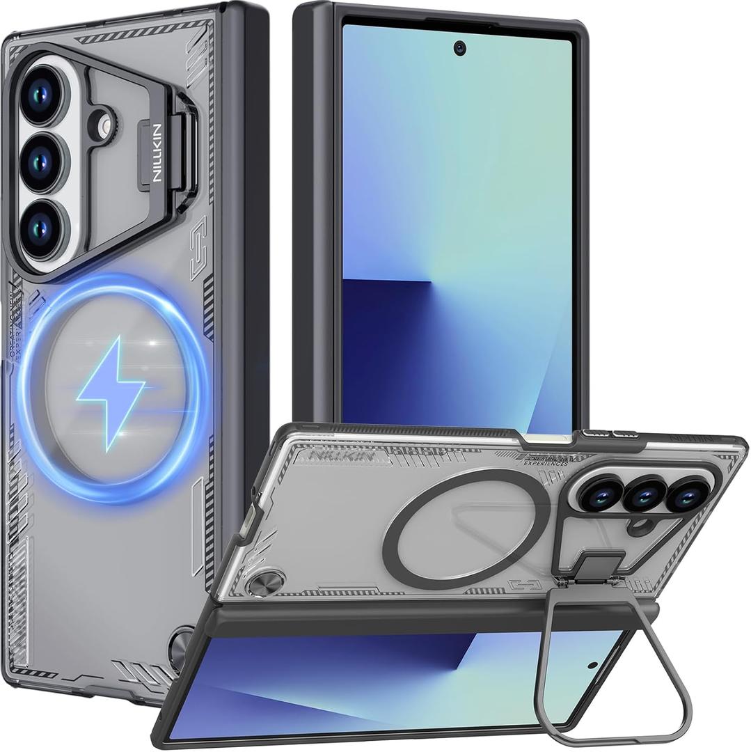 Nillkin for Samsung Galaxy Z Fold 7 Case, Compatible with MagSafe, [Hinge Protection] [Adjustable Camera Kickstand] Slim Magnetic AntiYellow Phone Case Cover for Galaxy Z Fold 7  Clear Black