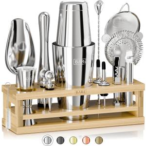 BARE BARREL Mixology Bartender Kit Bar Set | 16-Piece Cocktail Shaker Set | Martini Barware Mixing Tools for Home Bartending | Incl. 35 Recipe Cards | Gift Set (28oz Boston Shaker, Silver/Natural)