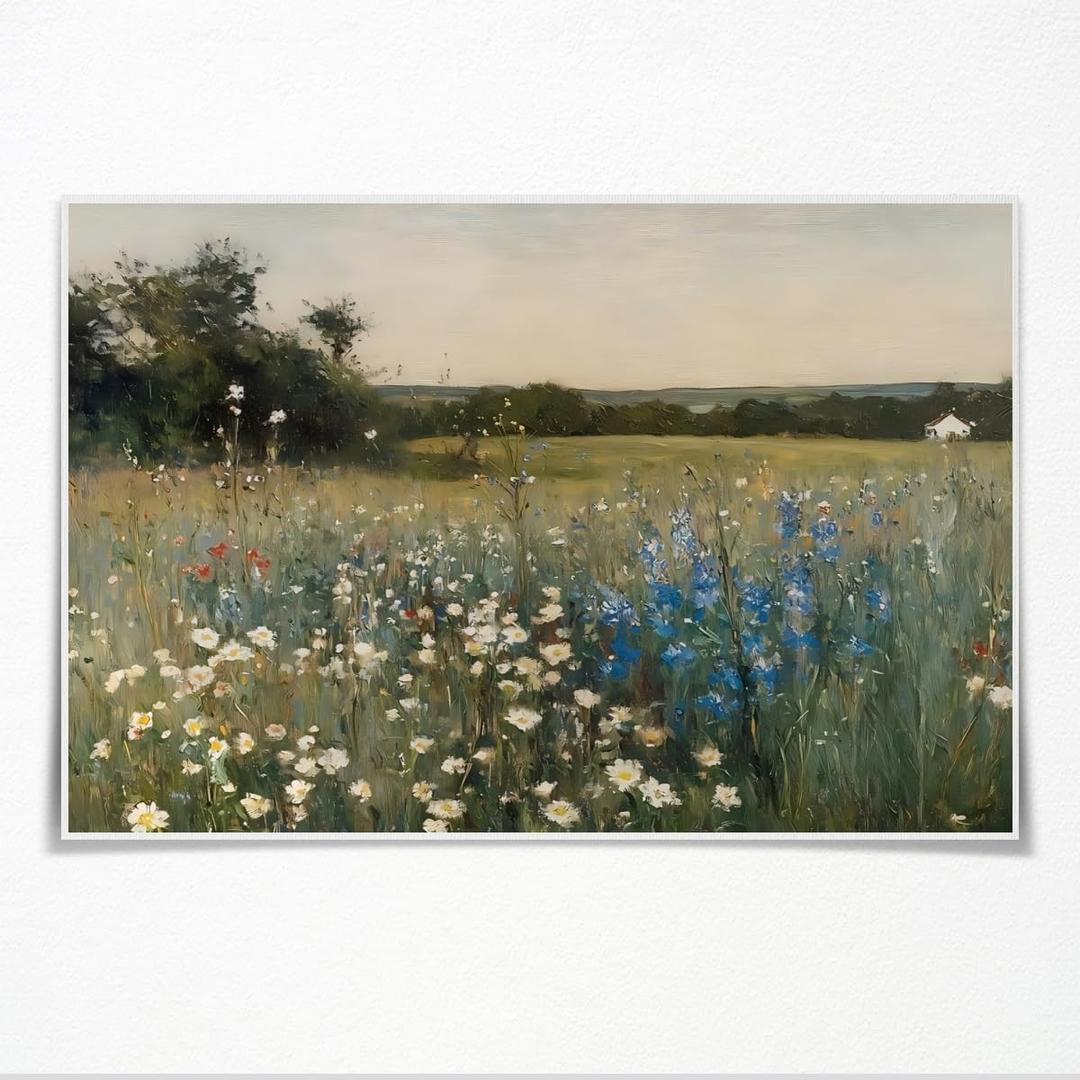 Wildflower Meadow Wall Art Vintage Countryside Landscape Oil Painting Canvas Print Farmhouse Botanical Nature Poster Cottagecore Floral Field Wall Decor for Bedroom Living Room 24x16inch Unframed (24L" x 16W")
