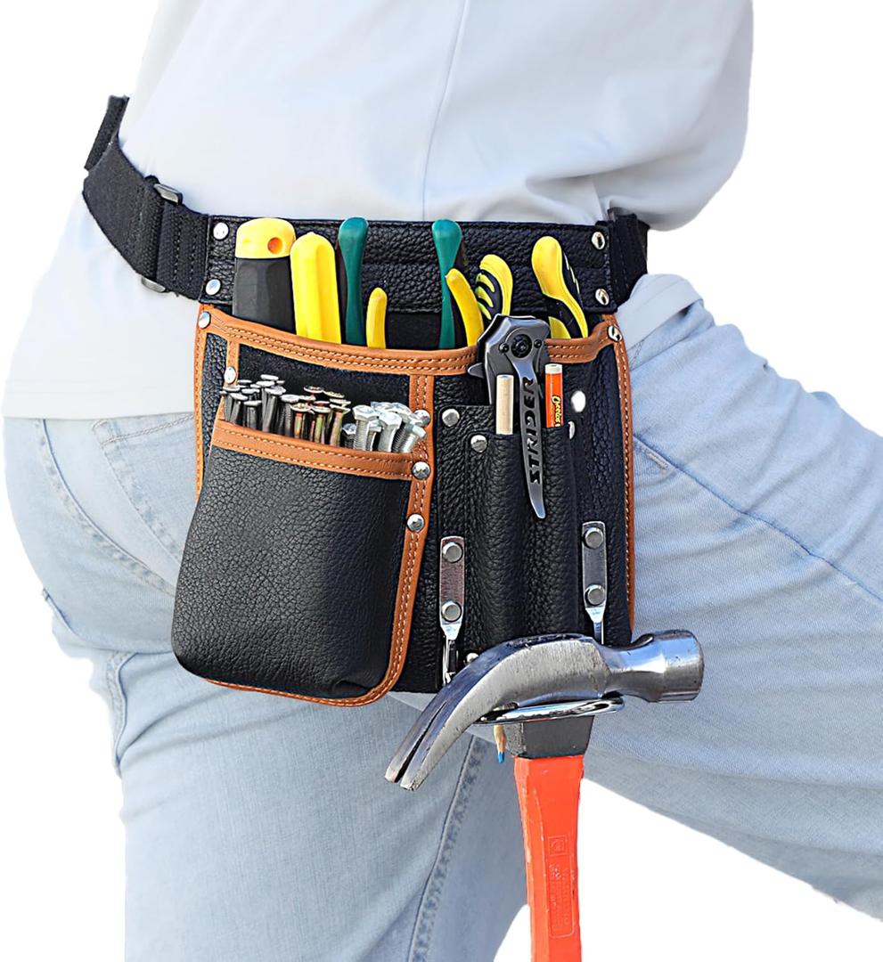 Tool Belt,Genuine Leather Tool Pouch,Detachable & Adjustable Single Side Tool Belt Pouch for Electrician,Carpenter,Construction,Work Apron,Utility Belt.
