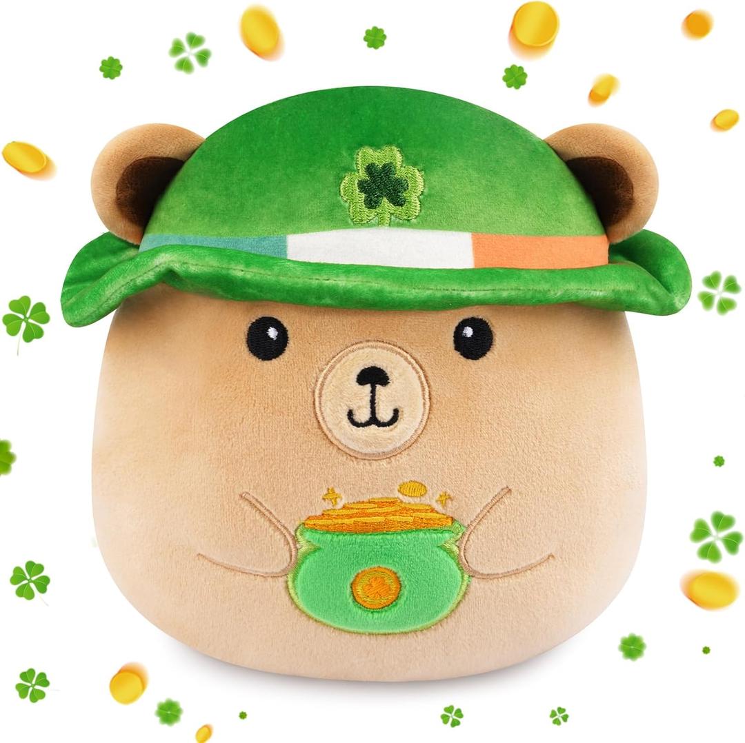 St Patricks Day Teddy Bear Stuffed Animal,8 Inch St Patrick's Day Plush with Green Hat and Golden Can, Cute and Soft Teddy Bear Plush Toy Gifts for Kids,Home Party Irish Decorations